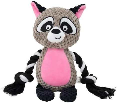 Raccoon Plush Dog Toy with Squeaker, Crinkle Paper & Rope for Small Dogs