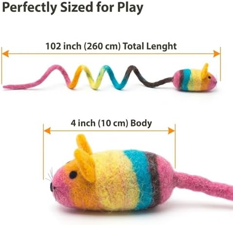 Glaciart One Felt Mouse Cat Toy – Soft Fuzzy Enrichment 100% Natural Wool - Interactive Catnip Play Cat Toy Set - Safe for Pets, Non-AZO Colored Dyes - 100” Long