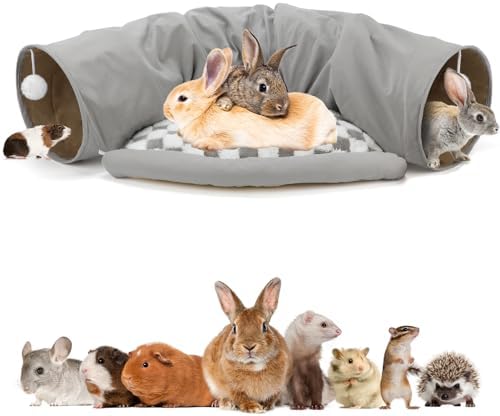 BWOGUE Bunny Tunnel Bed, 2-in-1 Rabbit Tunnel Hideout with Mat, Gray