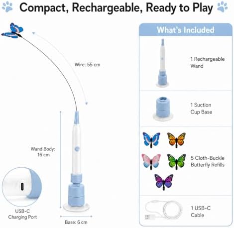 Rechargeable Butterfly Cat Toy for Indoor Cats, Electric Cat Wand with Suction Cup Base, 2 Play Modes, Self-Play & Handheld Cat Wand with 5 Cloth-Buckle Butterfly Refills, Blue