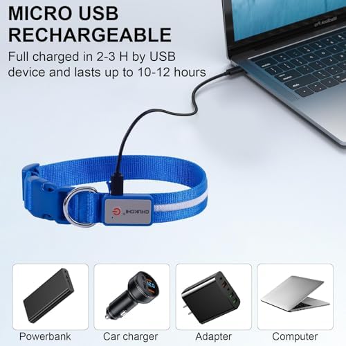 CHUKCHI LED Dog Collar Rechargeable,Waterproof Flashing Collar,Light Up Glow Collar, Adjustable Soft Safety Light Up for Small Medium Large Dogs Walking Camping at Night (Blue-M)