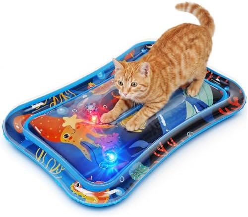 Cat Water Mat with Fish- Thickened Cat Sensory Water Play Mat Toy, Interactive Ocean Breeze Splashland with Floating Fish and 2 Balls for Cats & Kittens, Indoor Pet Water Bed Play Mat