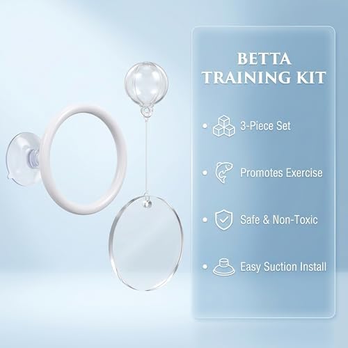 Betta Fish Toys Set - Floating Betta Mirror with Ball & 2 Training Ring Hoop, Interactive Enrichment Toys for Fish Tank Accessories, Agility Exercise Kit to Reduce Boredom