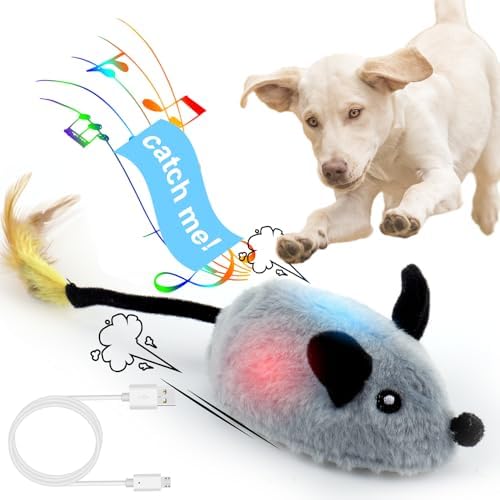 BABORUI Interactive Dog Toys Mouse, Escaping Mice Squeaky Dog Toy with Lights & Auto-Turn, Rechargeable Moving Dog Toys for Small/Medium/Large Dogs & Cats(Grey)