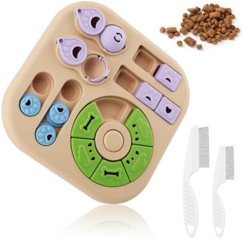 Dog Puzzle Feeder Set with Grooming Tools, Slow Eating Bowl for Mental Stimulation and Digestion, Interactive Feeding Set for Dogs, Blue(Color:Beige)