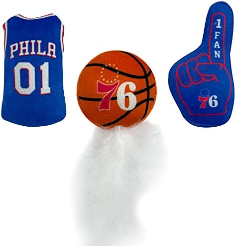 BEST PLUSH NBA 76ERS Cat Toys - 3pc Set: Jersey, Basketball & #1 Fan. Filled with Fresh Catnip. Beautiful Team Logos