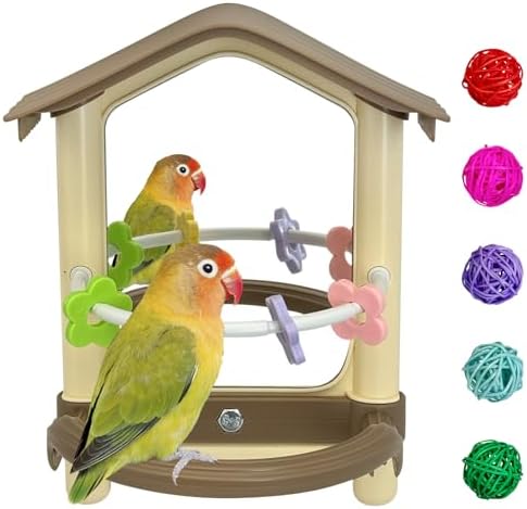 kathson Bird Mirror with Plastic Perch and 5PCS Colorful Rattan Balls Parakeet Hanging Swing with Mirror Interactive Toy Bird Cage Accessories for Cockatiel Parrot Conures Cockatoo Finch(Brown)