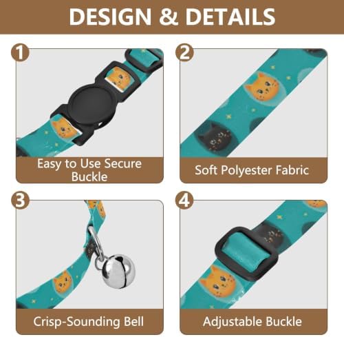 Cute Cartoon Cat Black Orange Kitten Bell Collar 2 Pack Cats Collar Adjustable Length 10.6" to 17.1"