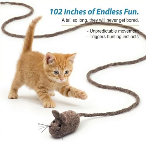 Glaciart One Felt Mouse Cat Toy – Soft Fuzzy Enrichment 100% Natural Wool - Interactive Catnip Play Cat Toy Set - Safe for Pets, Non-AZO Colored Dyes - 100” Long