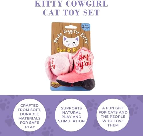 Haute Diggity Kitty Cowgirl Hat + Boot Set, Soft Plush Cat Toys