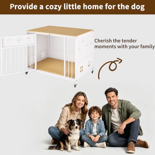 39" Iron Pegboard Dog Crate Furniture with Wooden Top & Remote LED Light