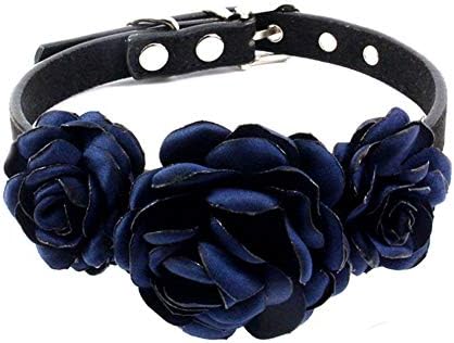 Valentines Flower Dog Cat Collar - Suede Puppy Wedding Collar for Kitten Small Dogs - Chihuahua Yorkie Clothes Accessories Costume Outfits, Adjustable Buckle (Dark Blue, Size M)