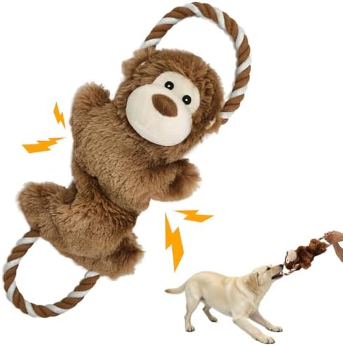 15.55 Inch Monkey Squeaky Dog Toy with Crinkle Paper & Rope, Plush Chew Toy for Puppy Teething, Interactive Tug of War Toy for Small Medium Large Dogs
