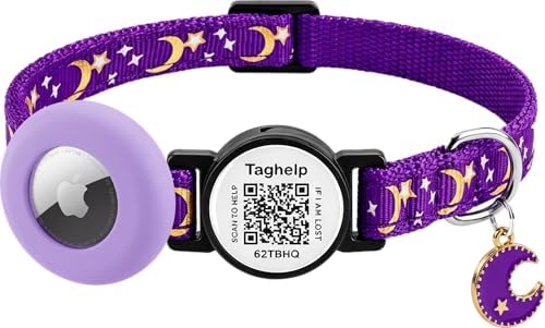 Breakaway Cat Collars with Bell Moons Stars Cute Kitty Adjustable Safe Kitten Collars with Pendant Glow in The Dark,Airtag Cat Collar, Air tag Safety Buckle (Purple)