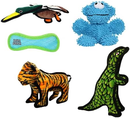 TUFFY® 5 Pack Jr Duck, MicroBall Monster, Rex, Tiger and Bone Dog Toys