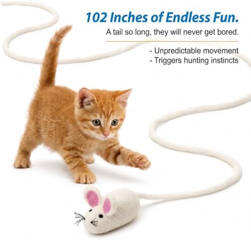 Glaciart One Felt Mouse Cat Toy – Soft Fuzzy Enrichment 100% Natural Wool - Interactive Catnip Play Cat Toy Set - Safe for Pets, Non-AZO Colored Dyes - 100” Long