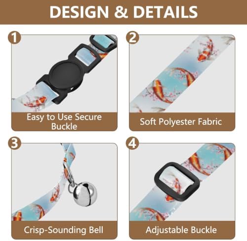 Koi Fish Cherry Blossom Branches Adjustable Pet Collar, 2 Pack Cat Bell Collar