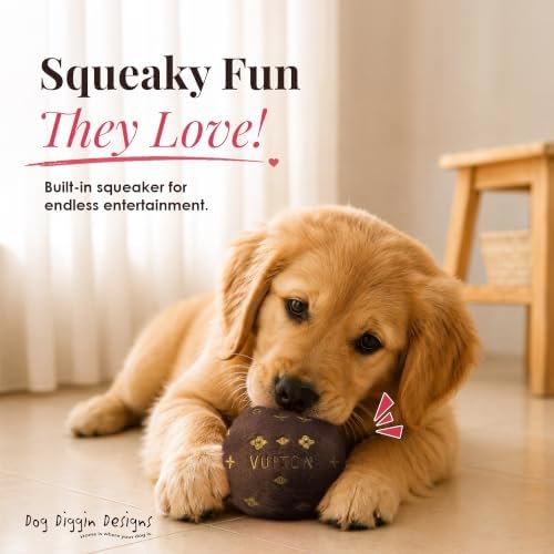 Dog Diggin Designs Chewy Vuiton Plush Squeaky Dog Toy Ball | Luxury-Inspired Parody Designer Ball with Squeaker, Soft Plush Fetch Dog Toy – Prêt-à-Porter Play!