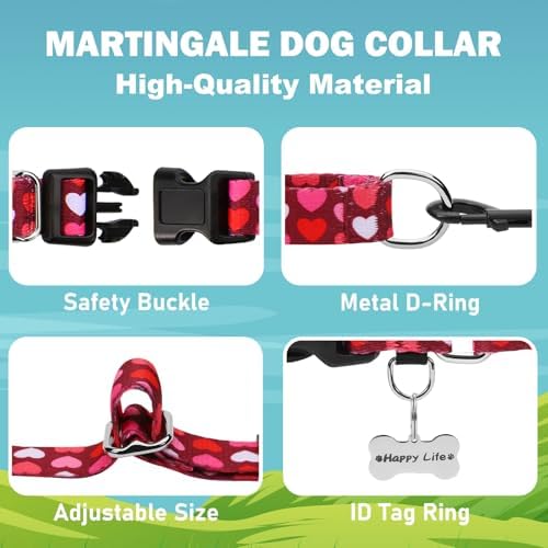 Valentines Martingale Dog Collar Pink Burgundy Heart Love, Large
