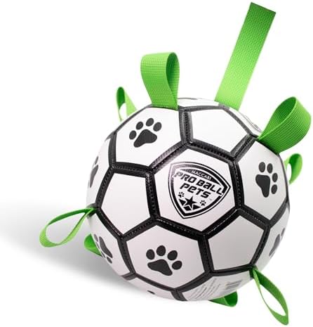 Interactive Dog Soccer Ball for Dogs, 7” with Straps & Grab Tabs, Floats on Water, Fetch & Training Toy for Small/Medium Dogs, Herding Breeds, Waterproof Non-Toxic – ProBall Pets – White Green