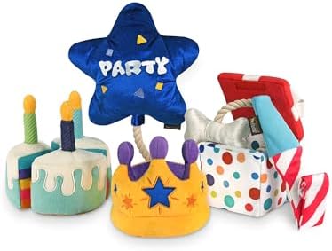 P.L.A.Y. Cute Plush Dog Toys - Birthday Party Celebration Themed Durable Squeaker Chew Toys, for Puppies & Small, Medium, Large Dogs - Machine Washable, Recycled Materials (5 Piece Set, Medium)