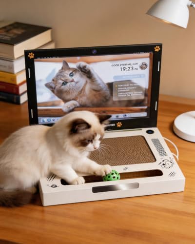 Cat Laptop Scratcher, Corrugated Cardboard Cat Laptop Toy with Plush Mouse Jingle Ball, Interactive Scratch Pad Pro Laptop for Cats