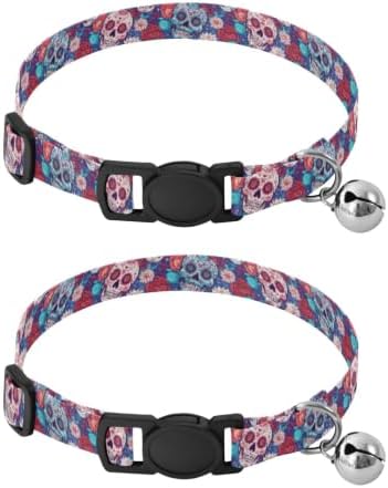 2 Pack Pet Collar Colorful Skulls Floral Red Dog Bell Collar, Adjustable Length 10.6" to 17.1"