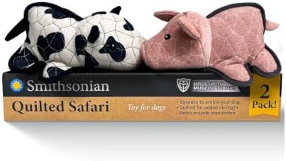 Smithsonian Quilted Safari Dog Toy 2-Pack, Durable Plush Dog Toys with Squeaker, Quilted Construction & Muscle Tough Fabric, Interactive Play Toys Designed for Enhanced Durability, Cow and Pig Box Set