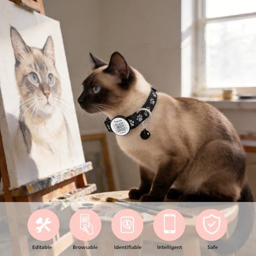 Collar with QR Code,Reflective Cat Collar with Name Tag, Personalized Reflective Cat Collar Breakaway with Bell for Boy & Girl Kitten, Ultra-Durable, Quick Release, Fits Most Girl Boy Cats(Black)