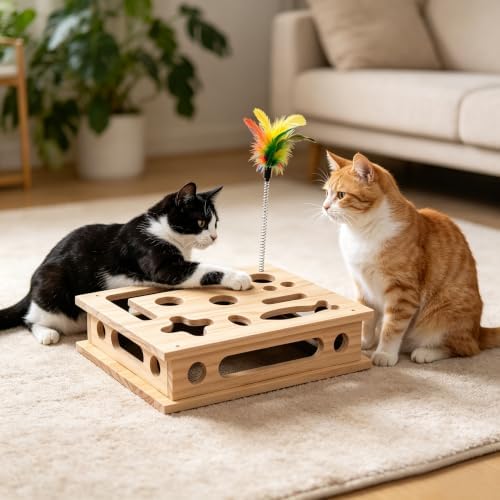 Cat Nail File Box, Solid Wood Scratch Puzzle Enrichment Toy, Hunting Play for Indoor Cats, Reduces Anxiety, Sharpens Claws Naturally