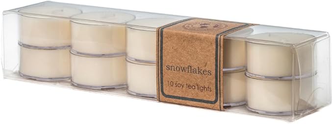 Eco Candle Co. Snowflakes Tea Light Candles, 10-Pack, 9 Hr Burn Time | Scents of Winter, Flowers, & Mint - Recyclable, No Lead, Hand Poured, Made from Midwest Grown Soybeans, .6 oz. Each