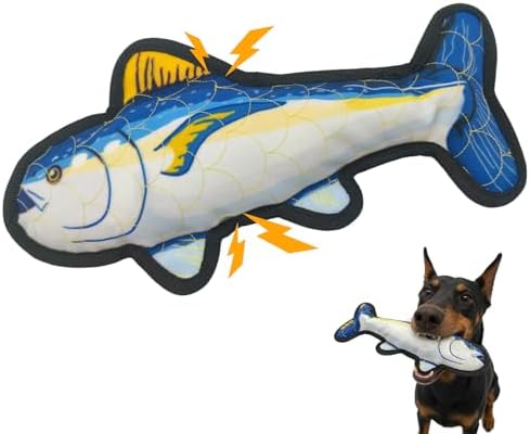 12.8" Recycled Canvas Tuna Squeaky Dog Toy, Durable Stuffed Fish Chew Toy for Puppy Teething, Interactive Play for Small Medium Large Dogs, Blue