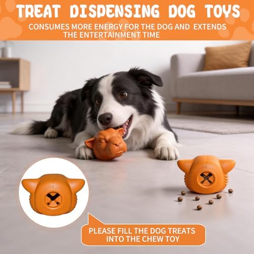 Tough Dog Toys for Aggressive Chewers | Natural Rubber Treat Dispensing Chew Toys for Medium Large Dogs, Interactive Slow Feeder Puzzle Toy for Boredom Relief & Teeth Cleaning, Dishwasher Safe