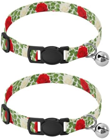 Red White Roses Green Leaf Pet Collars for Cats, 2 Pack Bell Collar for Small Dogs