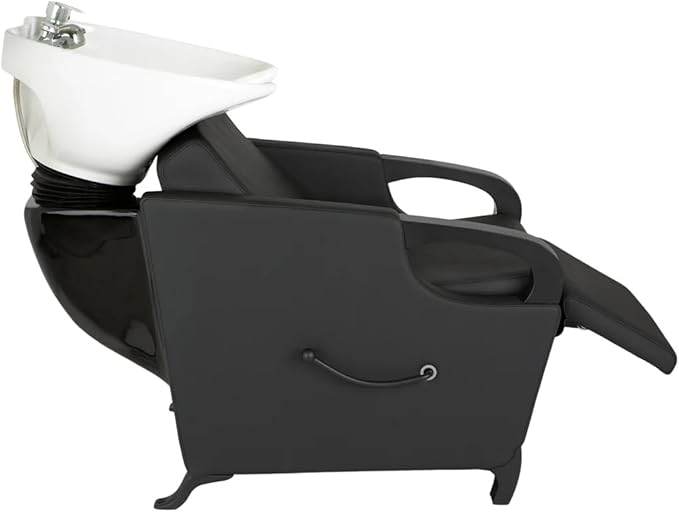 Buy-Rite Luna Noir Shampoo Backwash Unit for Professional Salons - Extra Wide Seat, Black Metal Armrests & Feet, Lever-Activated Leg Rest, Tilting White Porcelain Bowl, YLG-583-1-BLACK