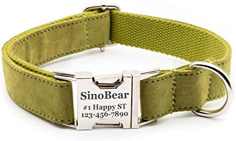 Durable Personalized Dog Collar Fabric Engraved Metal (Olive Green)