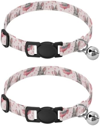 2 Pack Kitten Collars Cute Gray Bunnies Pastel Bell Collar for Small Dogs, Adjustable Length 10.6" to 17.1"