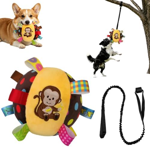 Colorful Squeaky Play Ball,Colorful Squeaky Hanging Dog Training Toy with 60 inch Elastic Ropes Soft with Bell 6-inch Soft Puppy Ball for Small Dogs & Puppies Indoor & Outdoor (Monkey)