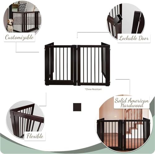 Freestanding Wooden Pet Gate with Door Adjustable Dog Barrier Portable Indoor Safety Fence for Pets Durable Wood Construction Easy Walk Through Design Stylish Home Pet Safety Solution