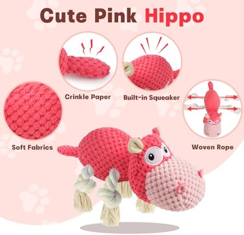 TOOPTATE Hippo Squeaky Dog Toy, Pink, Medium