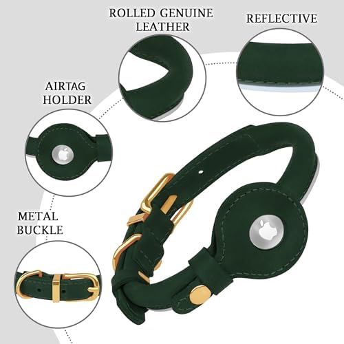 OOPSDOGGY Rolled Leather Dog Collar with Airtag Holder - Reflective Round Airtag Dog Collar - Soft Tracking Pet Collar for Small Dogs Puppy Cats Kitten (Green, XL, 17"-21")