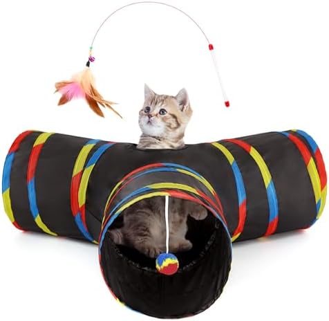 Tempcore Cat Tunnel, 3-Way Collapsible Toy for Indoor Cats, Black & Rainbow