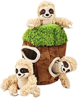 Glow Pups Hide and Seek Dog Toy, Interactive Burrow Dog Toy with Squeaker, Plush Sloth in Tree Trunk, Promotes Mental Stimulation, Easy to Clean, Small 8 x 5.5 inches, Brown (Small Sloth Tree)