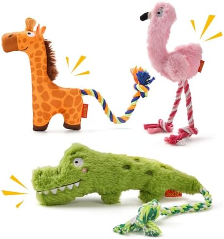 AUSCAT Plush Dog Rope Toy, Durable Squeaky Dog Toys for Puppy Small Medium Dogs (Not for Aggressive Chewers), Crocodile & Giraffe & Flamingo