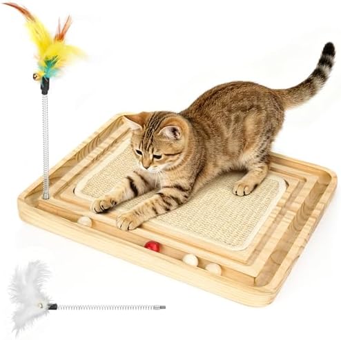 Sisal Cat Scratcher Pad with Ball Track, Wooden Interactive Cat Puzzle Toy