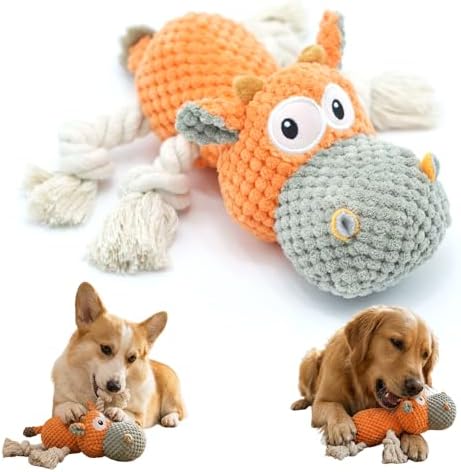 Squeaky Plush Duck Dog Toy for Aggressive Chewers with Built-in Sound (Orange Cow)