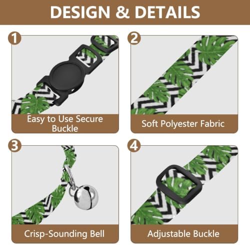 2 Pack Small Dog Collar Tropical Leaf Geometric Zigzag Small Dog Collar with Bell, Adjustable Length 10.6" to 17.1"