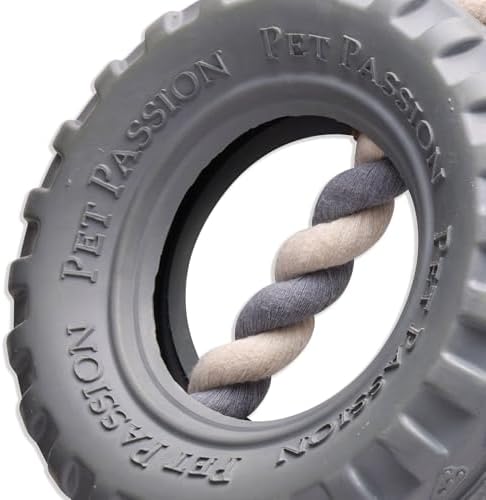 Pet Passion Natural Rubber Tire and Organic Cotton Rope Pull and Chew Dog Toy for All Pet Breeds, Gray, Small