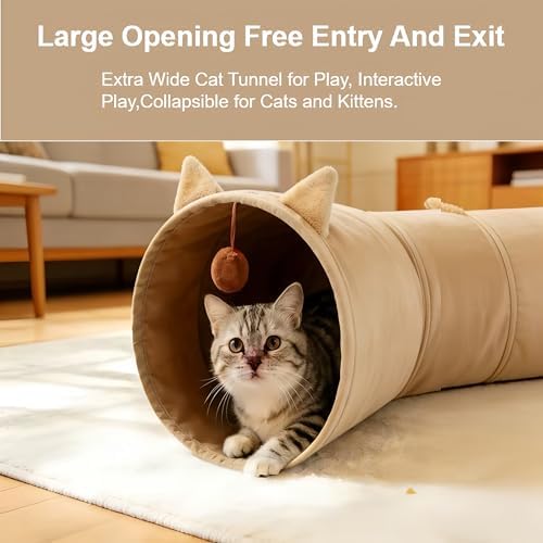 Cat Tunnel 3 Way Collapsible, Cat Ear Design with Crinkle Sound, Indoor Cat Toys Interactive, 4 Peek Holes Pet Play Tube for Cats, Kitten, Puppy, Rabbit, Brown (3-Way Brown Cat Ears)