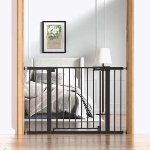 Babelio 31-46" Baby Gate for Stairs, PressGuard Pet Gate with Wide Door | Pressure/Wall Mount, Dual Lock with Indicator, Auto Close, Heavy Duty, Easy Install for Doorways, Kitchens, Hallway, Black